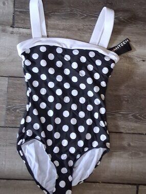 Jantzen Polka Dot One Piece Swimsuit Retro Black White Size 10 NEW w/ Tags!